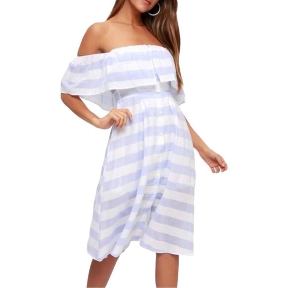 Lulu’s Blue Ivory “Transatlantic Voyage” Off The Shoulder Striped Mini Dress - Picture 1 of 15
